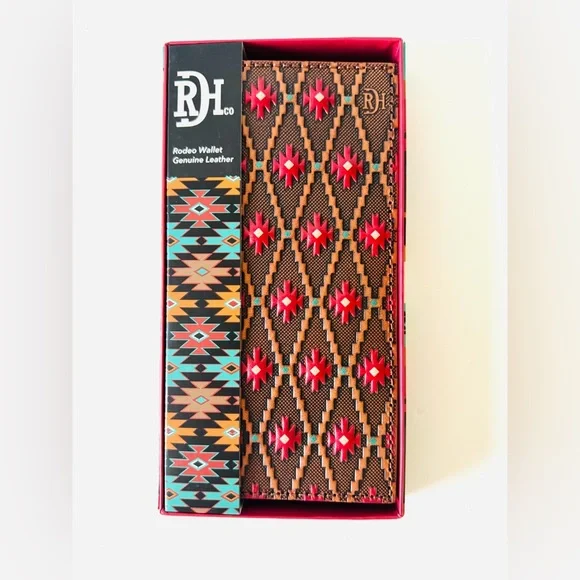 Red Dirt Hat Co Mens Brown Red Aztec Leather Slim Rodeo Bifold Wallet NIB - Picture 4 of 8